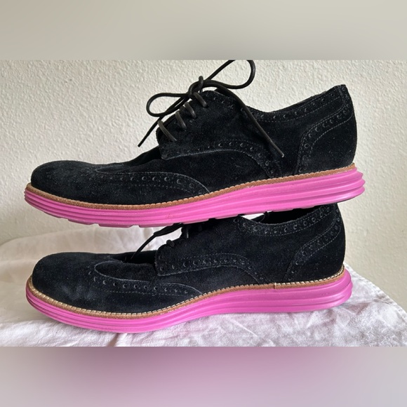 COLE HAAN Mens Lunargrand Pink Black Genuine Leather Suede Wingtip Shoes Sz 11.5 - Picture 4 of 8